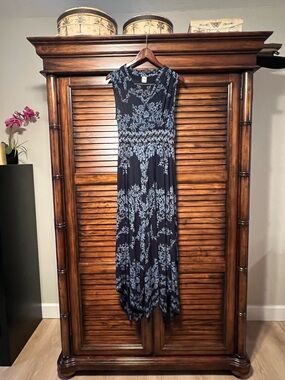 Bila Boho Floral Gauzy Flowy Asymmetrical Maxi Dress Blue Size M Beachy Resort